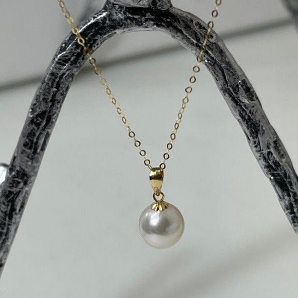 18K Solid Gold Certificated 8.5 mm Natural White AKOYA Pearl Pendant Necklace - Picture 11 of 13
